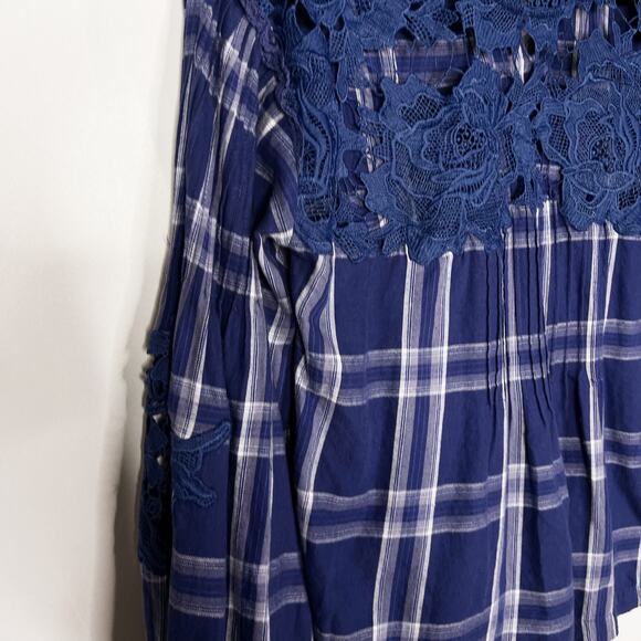 Free People S Navy Blue Darling Diana Lace Top Plaid Long Sleeve Blouse Keyhole - Picture 5 of 12